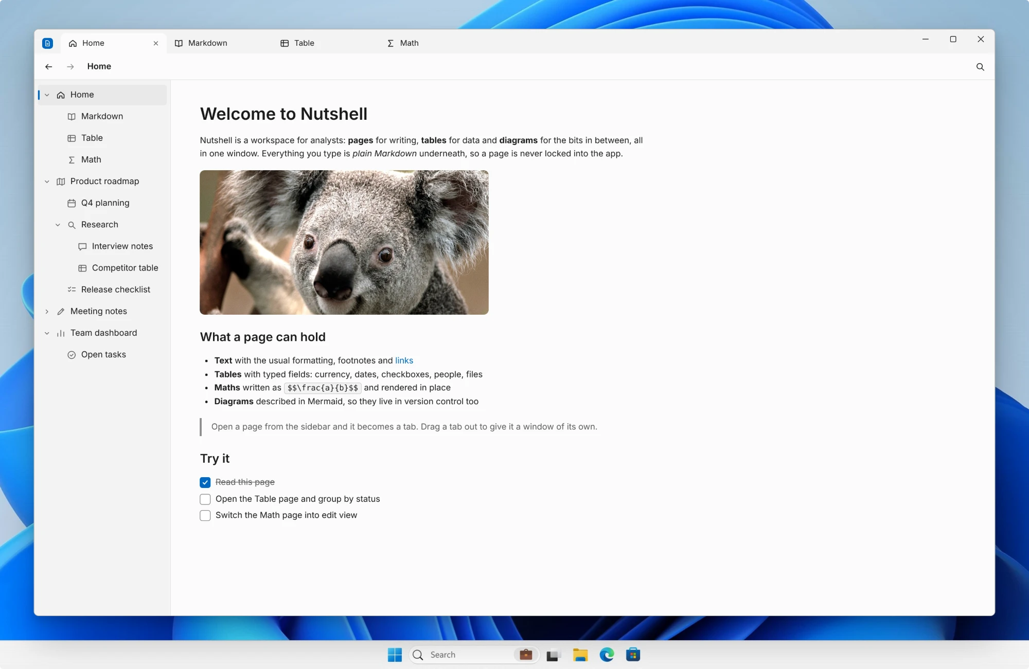 Nutshell running on Windows 11, showing the Home page with a sidebar of pages and tabs for Markdown, Table and Math